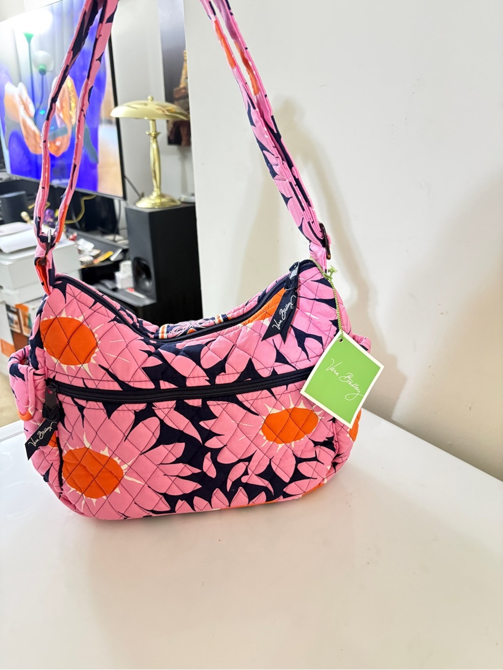 Vera Bradley Pink Floral Quilted Shoulder Bag with Orange Accents